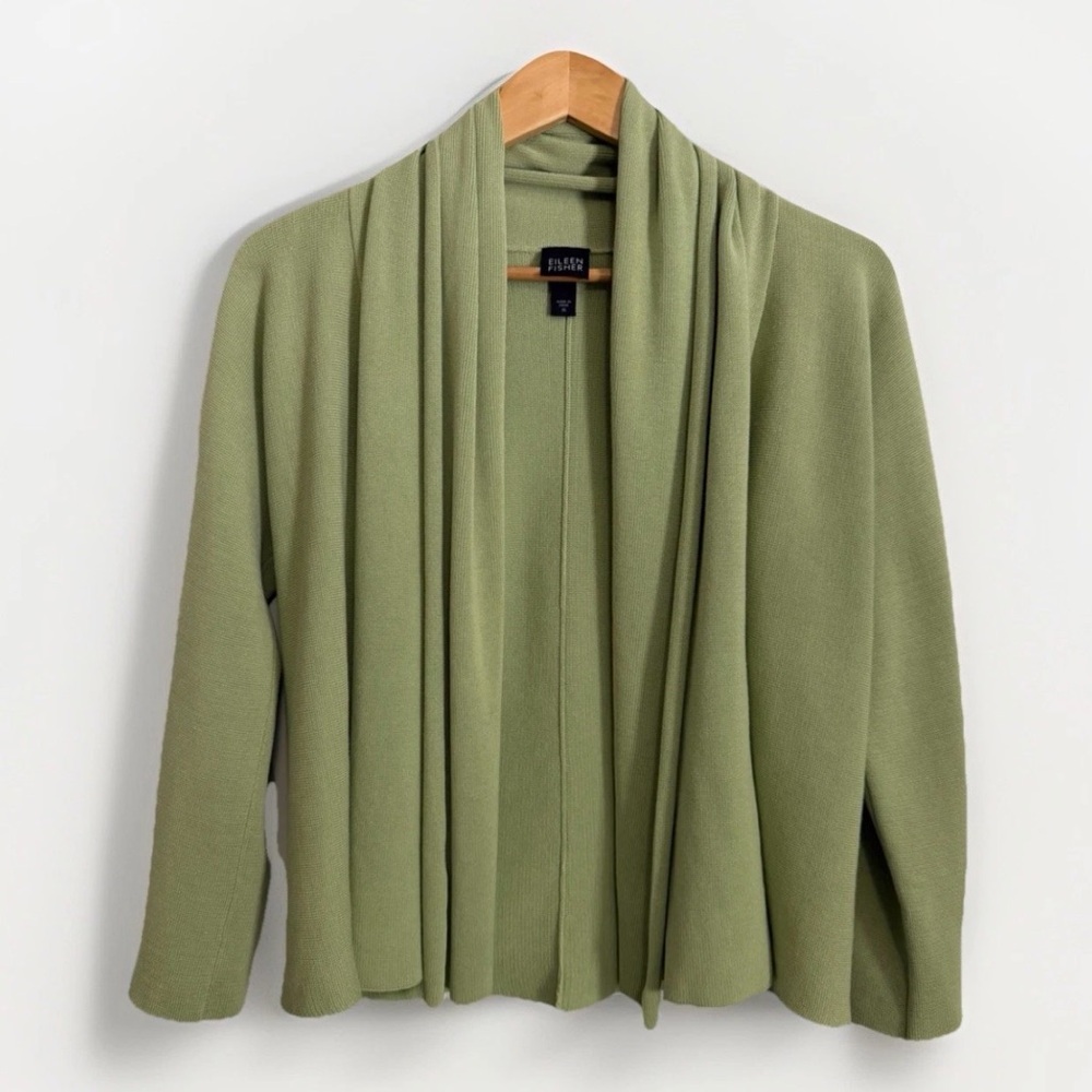 Eileen Fisher Silk Blend Cardigan Sweater Womens M Pear Green Open Cascade Front